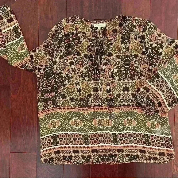 Democracy Tops - Democracy Women’s Boho Tie Front Tunic Top 3/4 Sleeve Sheer Shirt Blouse Size L